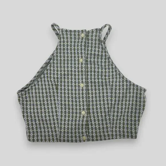 90s Vintage GUESS Houndstooth Cropped Knit Halter Top Green Blue Size L - Picture 2 of 5